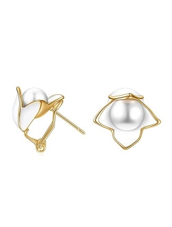 Flower Stud Earrings for Women Handmade Pearl with Rose Flower 14K Gold Plated 925 Sterling Silver Post Hypoallergenic Earrings for Girls