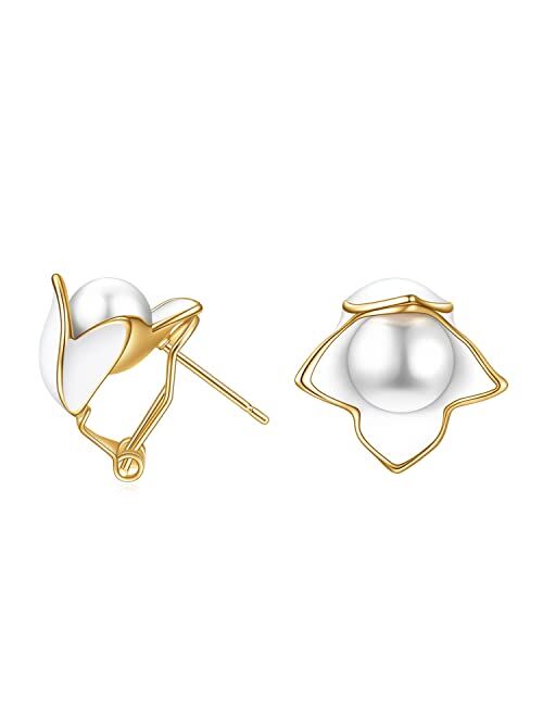 Flower Stud Earrings for Women Handmade Pearl with Rose Flower 14K Gold Plated 925 Sterling Silver Post Hypoallergenic Earrings for Girls