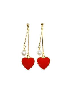 Red Heart Dangle Drop Gold Earrings - Sweetheart Birthday Anniversary Gift Present