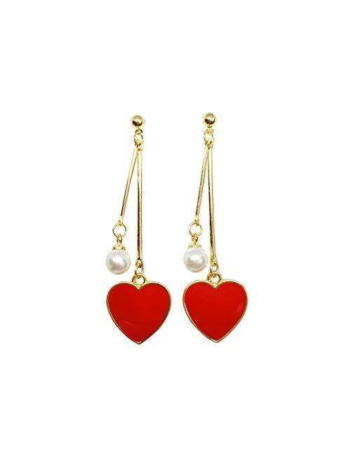 Red Heart Dangle Drop Gold Earrings - Sweetheart Birthday Anniversary Gift Present