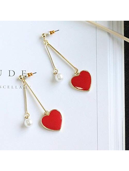 Red Heart Dangle Drop Gold Earrings - Sweetheart Birthday Anniversary Gift Present