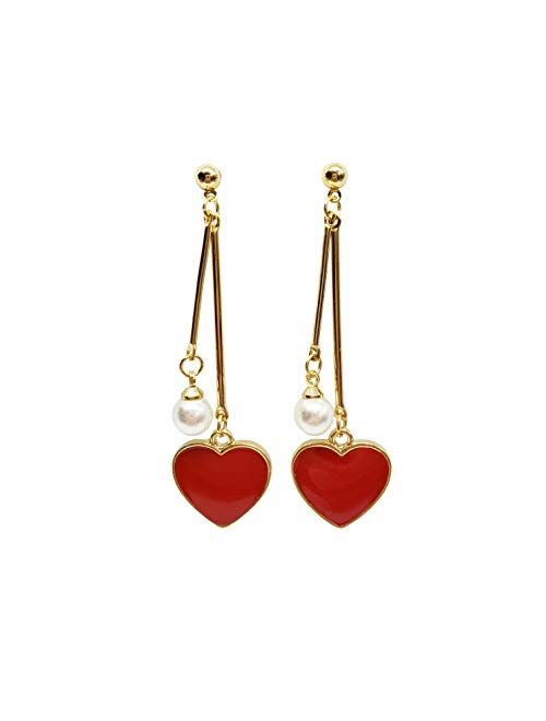 Red Heart Dangle Drop Gold Earrings - Sweetheart Birthday Anniversary Gift Present