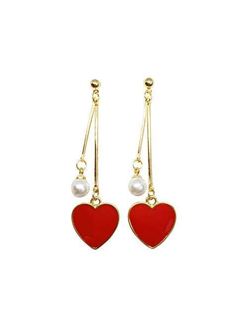 Red Heart Dangle Drop Gold Earrings - Sweetheart Birthday Anniversary Gift Present