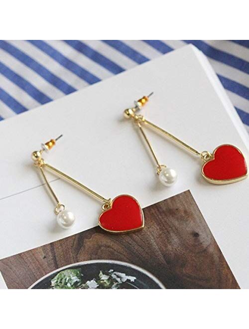 Red Heart Dangle Drop Gold Earrings - Sweetheart Birthday Anniversary Gift Present