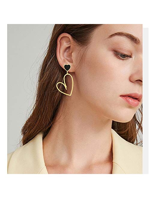 Jertom 14K Gold Plated Mismatch Asymmetry Heart Drop Dangle Earrings Stud, Love Dangly Earrings for Women Girls