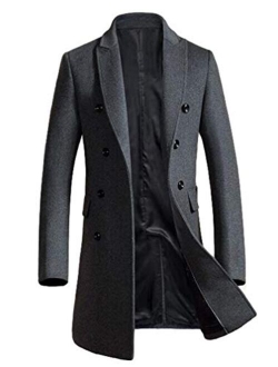 Minibee Men's Woolen Trench Coat Double Breasted Slim Fit Winter Overcoat Long Jacket Business Pea Jacket