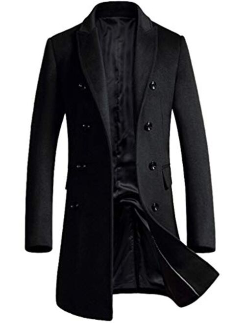 Minibee Men's Woolen Trench Coat Double Breasted Slim Fit Winter Overcoat Long Jacket Business Pea Jacket