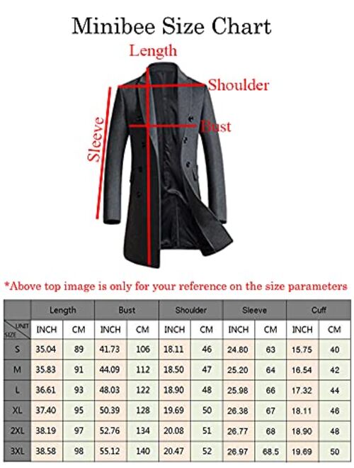 Minibee Men's Woolen Trench Coat Double Breasted Slim Fit Winter Overcoat Long Jacket Business Pea Jacket