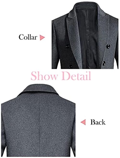 Minibee Men's Woolen Trench Coat Double Breasted Slim Fit Winter Overcoat Long Jacket Business Pea Jacket