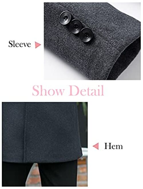 Minibee Men's Woolen Trench Coat Double Breasted Slim Fit Winter Overcoat Long Jacket Business Pea Jacket