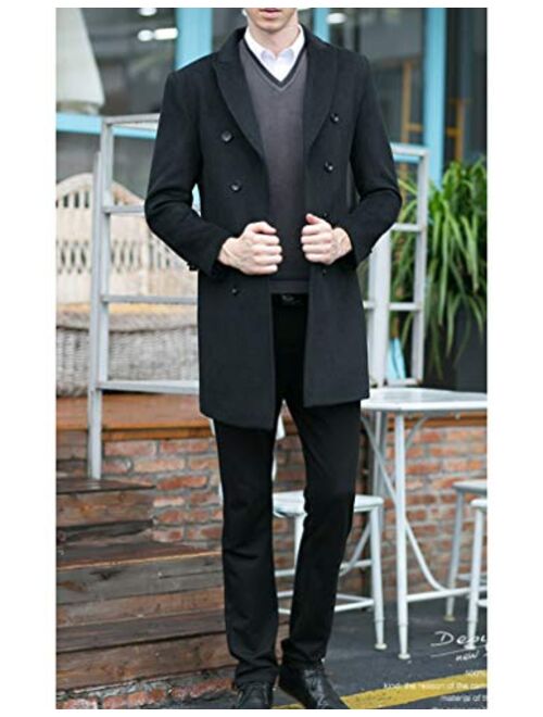 Minibee Men's Woolen Trench Coat Double Breasted Slim Fit Winter Overcoat Long Jacket Business Pea Jacket