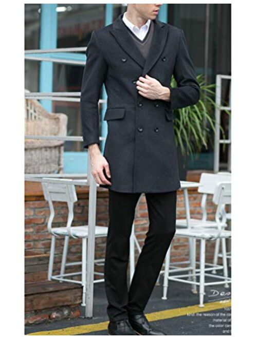 Minibee Men's Woolen Trench Coat Double Breasted Slim Fit Winter Overcoat Long Jacket Business Pea Jacket