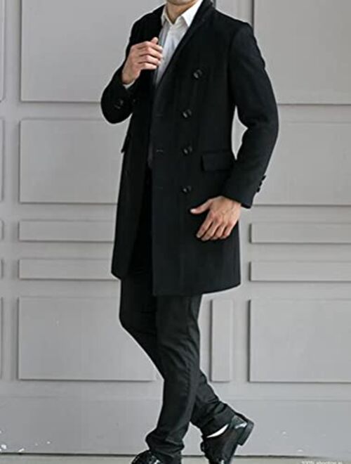 Minibee Men's Woolen Trench Coat Double Breasted Slim Fit Winter Overcoat Long Jacket Business Pea Jacket