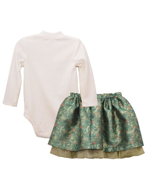 Bonnie Jean Little Girls 2 Piece Long Sleeved Ribbed Shirt and Holly Print Jacquard Skirt Set