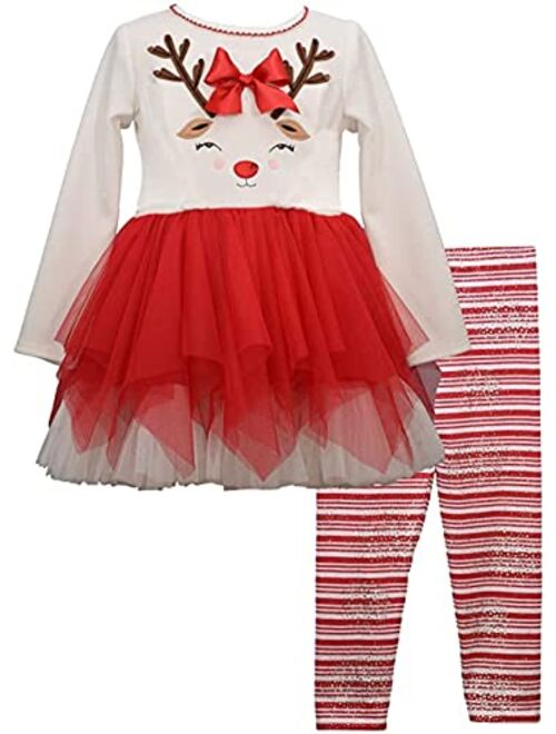 Bonnie Jean Girls Christmas Holiday Reindeer Dress Tutu Legging Set