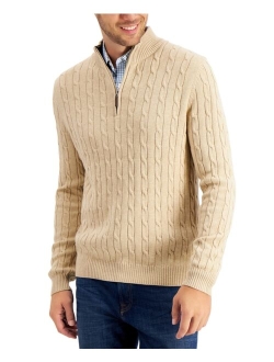 Men's Cable Knit Quarter-Zip Cotton Sweater, Created for Macy's