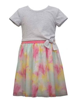Big Girls Short Sleeve Knit Tie Front Top with Rainbow Sequin Skirt, 2 Piece