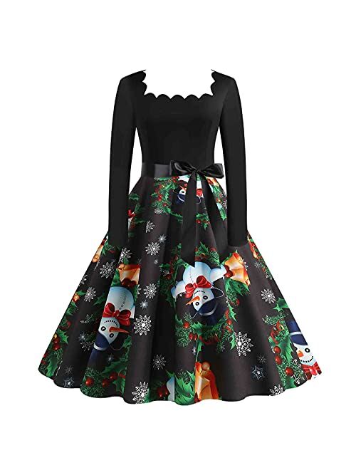 2021 Christmas Long Sleeve Dress for Women V Neck Cocktail Dresses Swing Prom Party Dress Santa Reindeer Printed Fall Dresses