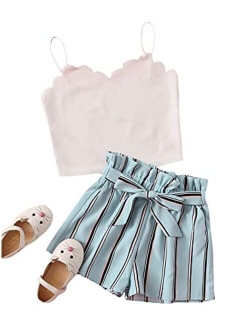 Girl's Cute 2PC Scallop Trim Cami Top & Paperbag Waist Belted Shorts Summer Set