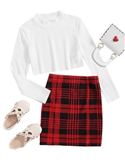 Girl's Ribbed Long Sleeve Crop Tops and Plaid Pencil Skirt Sets Outfit