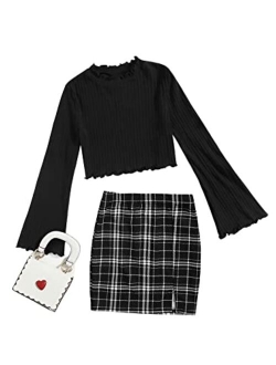 Girl's Ribbed Long Sleeve Crop Tops and Plaid Pencil Skirt Sets Outfit