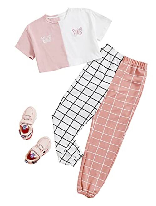 Romwe Girl's 2 Pieces Outfit Butterfly Print Crop Tops and Pant Set Clothing Set