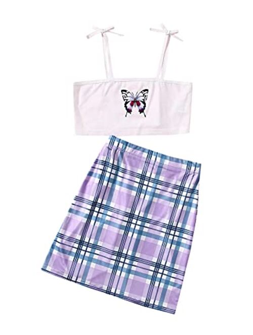 Romwe Girl's 2 Pieces Skirts Set Butterfly Print Cami Crop Tops and Plaid Skirts Outfit