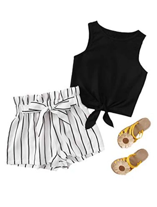 Romwe Girl's 2 Piece Outfit Tie Knot Tank Tops and Striped Paperbag Waist Shorts Set