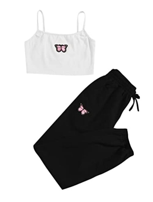 Romwe Girl's 2 Piece Outfit Cami Crop Tops and Sweatpants Set Lounge Set