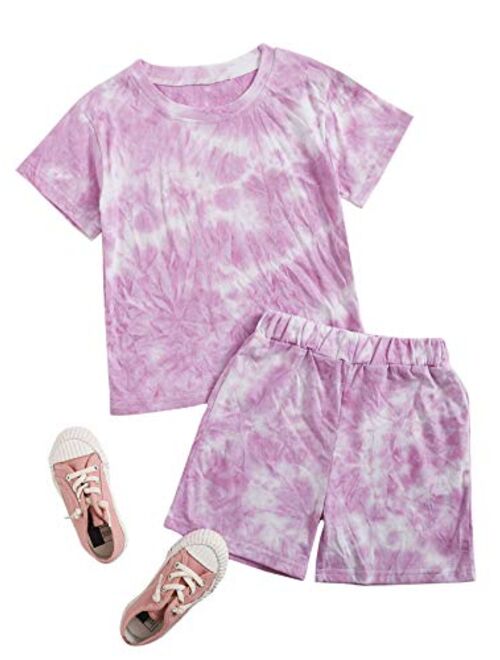 Romwe Gril's Tie Dye Short Sleeve Twist Front Crop Top and Shorts Set 2 Piece Outfit