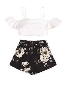 Girl's 2 Piece Shorts Set Cold Shoulder Crop Tops and Beach Shorts Outfit