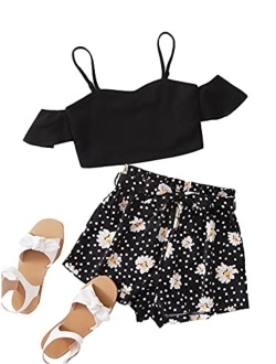 Girl's 2 Piece Shorts Set Cold Shoulder Crop Tops and Beach Shorts Outfit