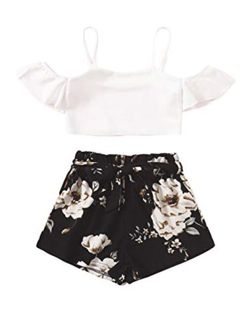 Romwe Girl's 2 Piece Shorts Set Cold Shoulder Crop Tops and Beach Shorts Outfit