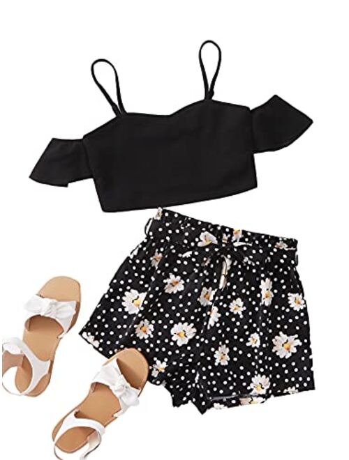 Romwe Girl's 2 Piece Shorts Set Cold Shoulder Crop Tops and Beach Shorts Outfit