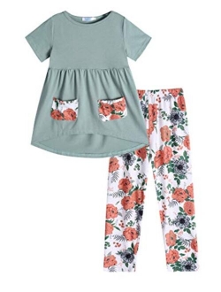 Toddler Girls Outfits Floral Hi-Lo Tops Pants Sets Short Sleeve 2pcs Pants Sets with Pockets