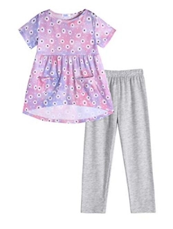 Toddler Girls Outfits Floral Hi-Lo Tops Pants Sets Short Sleeve 2pcs Pants Sets with Pockets