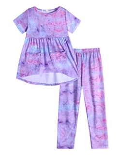 Toddler Girls Outfits Floral Hi-Lo Tops Pants Sets Short Sleeve 2pcs Pants Sets with Pockets