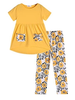 Toddler Girls Outfits Floral Hi-Lo Tops Pants Sets Short Sleeve 2pcs Pants Sets with Pockets