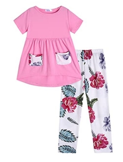Toddler Girls Outfits Floral Hi-Lo Tops Pants Sets Short Sleeve 2pcs Pants Sets with Pockets
