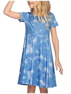 Girls Floral Dress Short Sleeve Summer Dresses Skater Twirl Sundress for Kids 4-13 Years