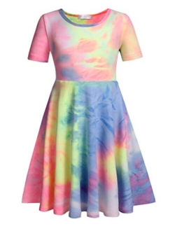 Girls Floral Dress Short Sleeve Summer Dresses Skater Twirl Sundress for Kids 4-13 Years