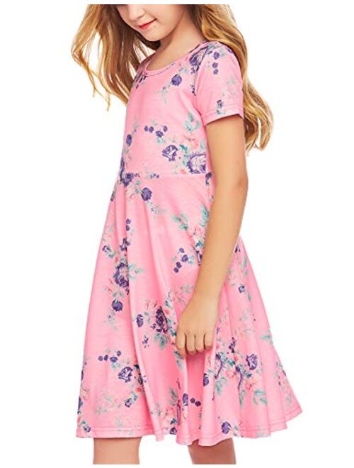 Arshiner Girls Floral Dress Short Sleeve Summer Dresses Skater Twirl Sundress for Kids 4-13 Years