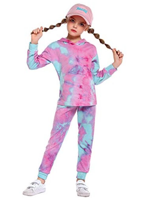 Arshiner Girl's 2 Piece Tie-dye Pullover Hooded Sweatshirt Set Loungewear Sweatpants