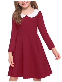 Little Girls Dresses Long Sleeve Doll Collar Swing Party Dress