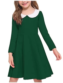 Little Girls Dresses Long Sleeve Doll Collar Swing Party Dress