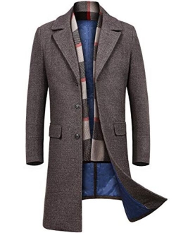 INVACHI Men's Slim Fit Winter Warm Short/Long Woolen Coat Business Jacket with Free Detachable Soft Touch Wool Scarf