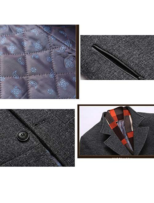 INVACHI Men's Slim Fit Winter Warm Short/Long Woolen Coat Business Jacket with Free Detachable Soft Touch Wool Scarf