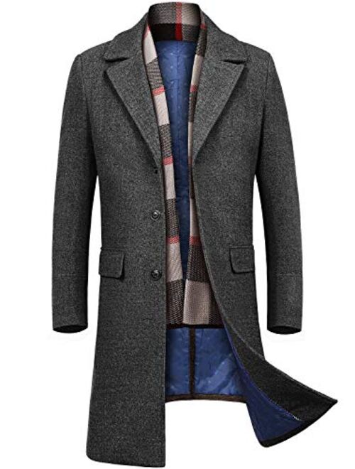 INVACHI Men's Slim Fit Winter Warm Short/Long Woolen Coat Business Jacket with Free Detachable Soft Touch Wool Scarf