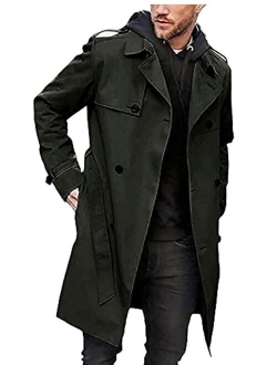 Mens Trench Coat Slim Fit Double Breasted Long Jacket Notched Lapel Belt Fall Windproof Coat