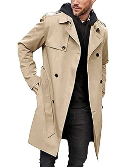 Mens Trench Coat Slim Fit Double Breasted Long Jacket Notched Lapel Belt Fall Windproof Coat